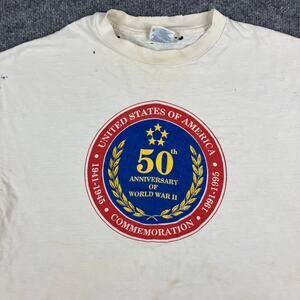 Hanes T-Shirt Mens XL Cream WWII 50th Anniversary Graphic Vintage Tee